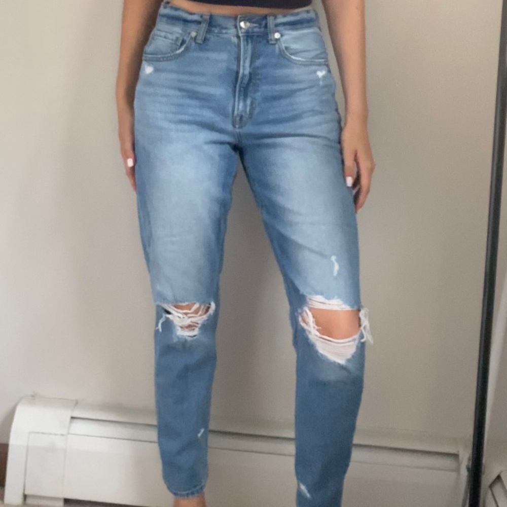 AE Distressed High Rise Mom Jeans